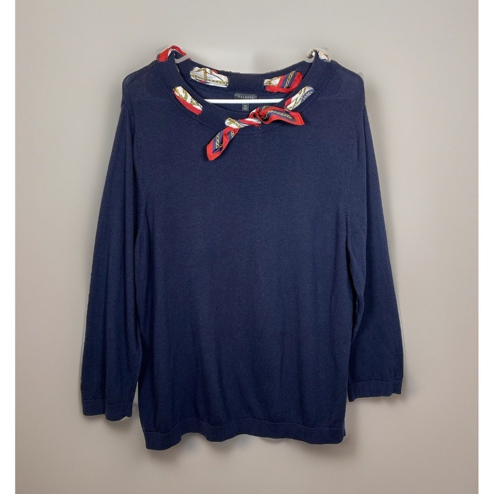 TALBOTS Sweater Womens Sz XL Silk Scarf Classic Navy Blue Cotton Tencel Nautical - Picture 3 of 7